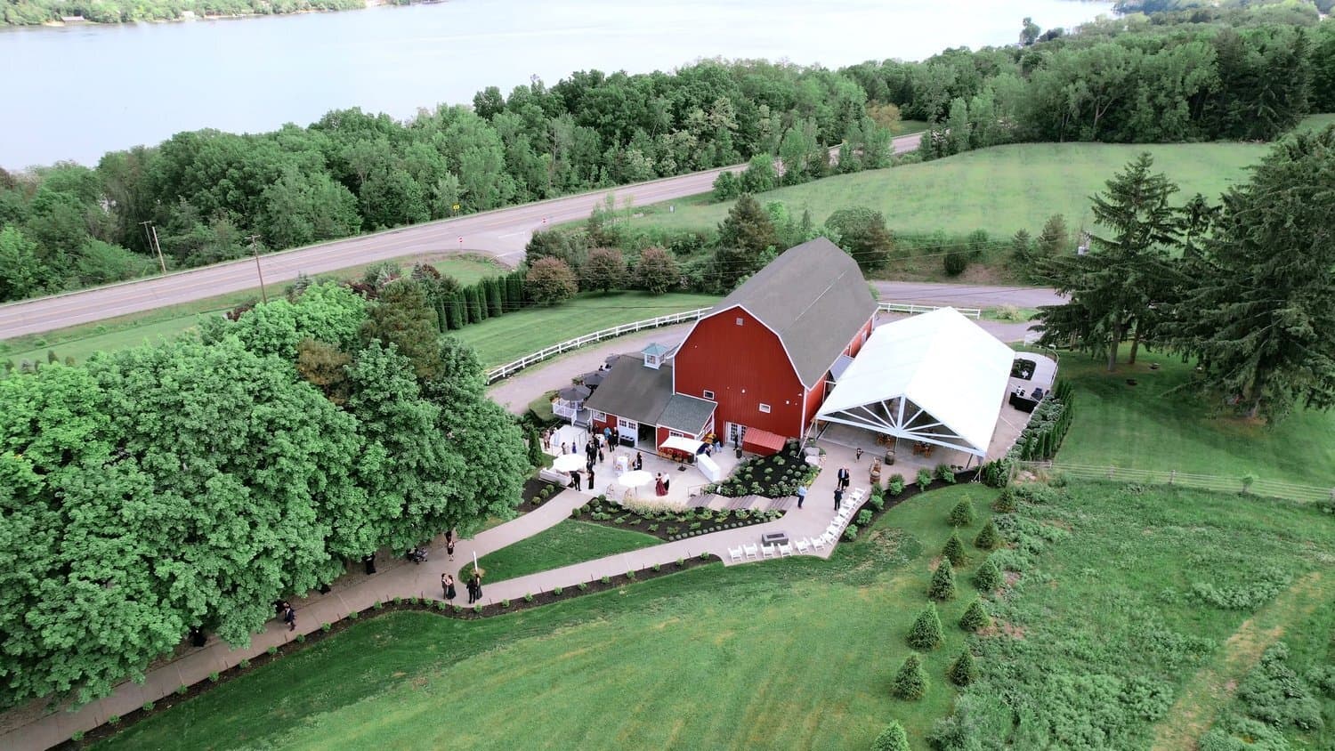 Aerial view of Crispin Hill barn and event tent overlooking Keuka Lake